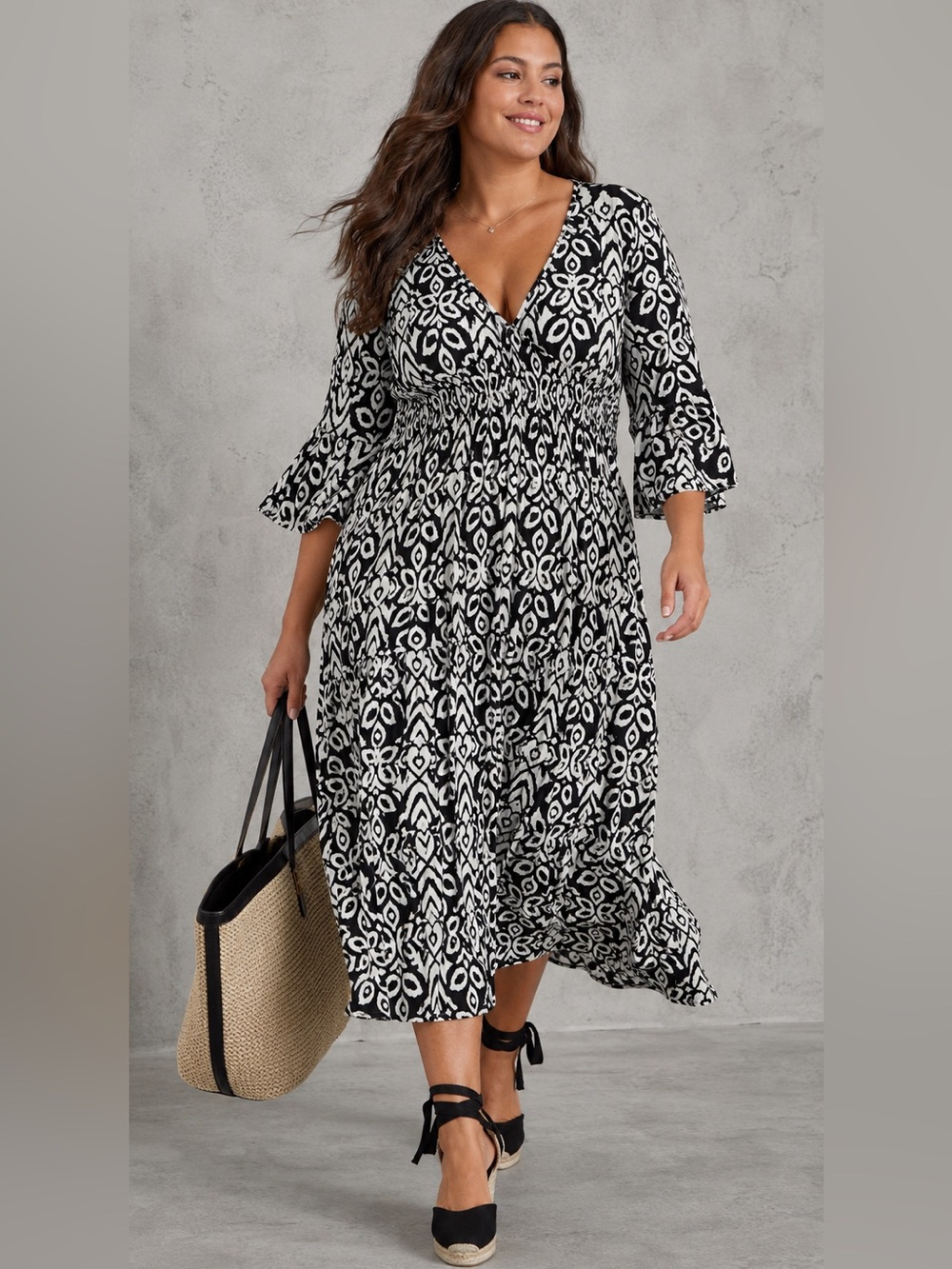 5X SHEIN Curve Print Dress with 3/4 Sleeves and Gathered Waist